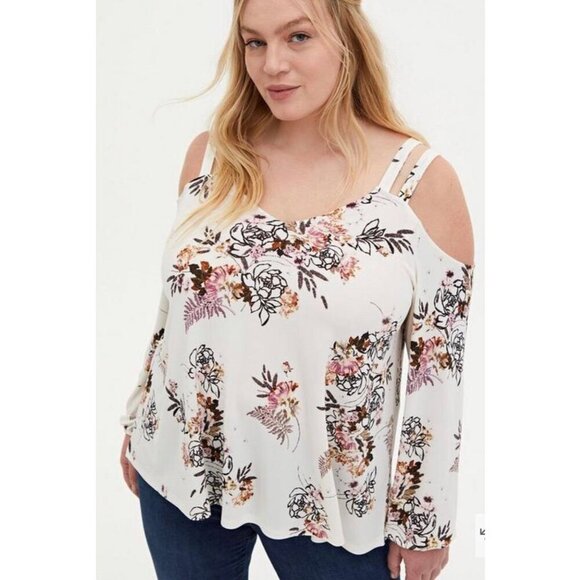 Torrid Size 1 White Floral V-Neck Cold Cutout Cold Shoulder Top - Picture 1 of 9